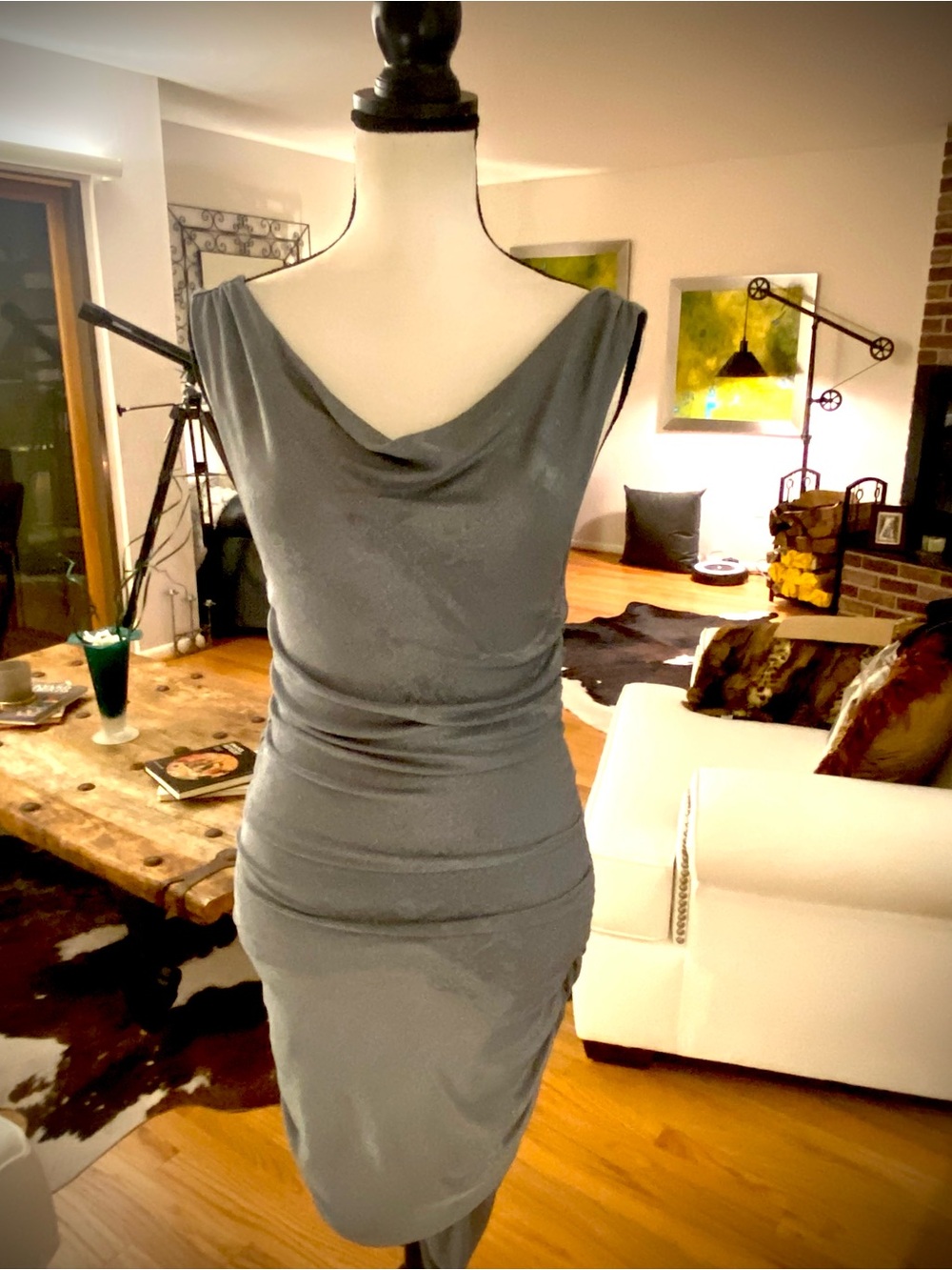 Alice + Olivia Shimmery Slate Gray- Blue Cowl Neck Midi Dress…. GORGEOUS ♥️XS